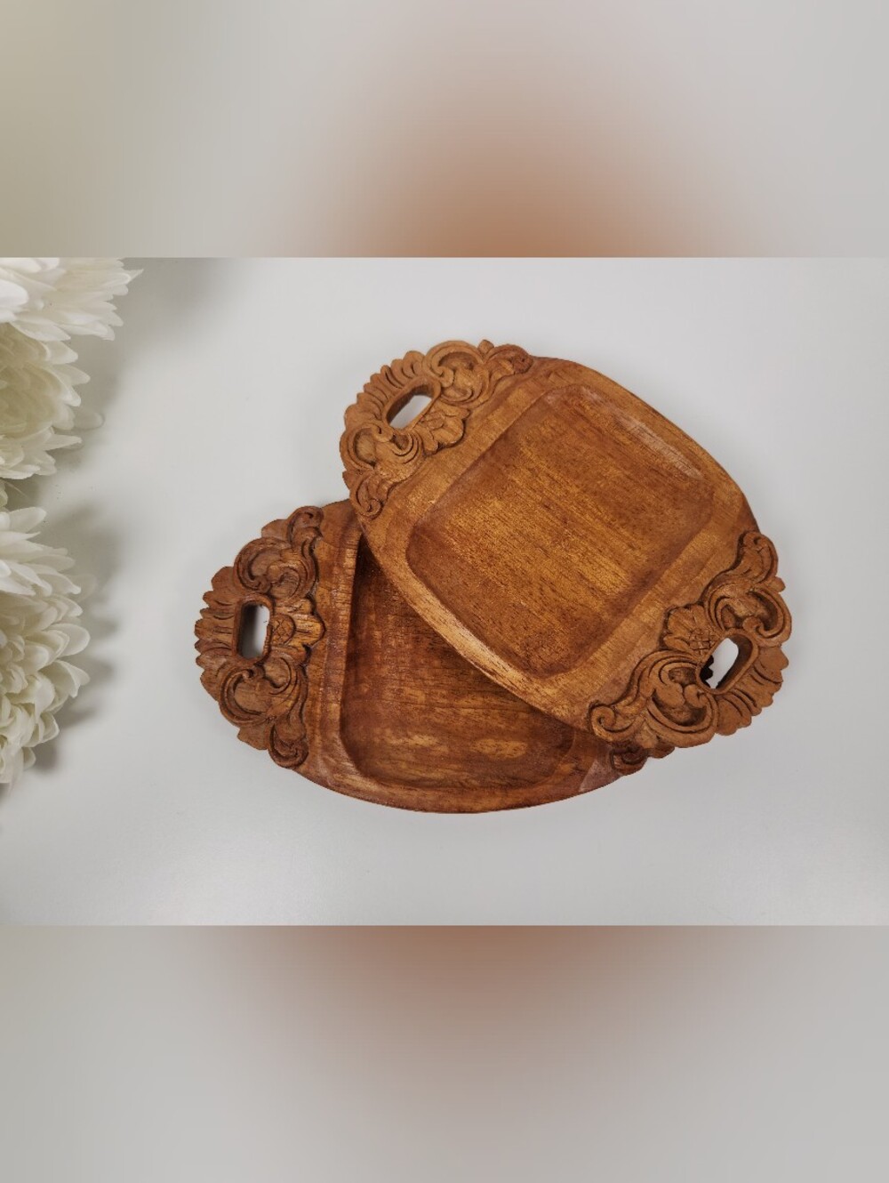 Vintage MINI Hand Carved Wood Tray Set of 2 | Wood Trinket Dish | Boho | Rustic